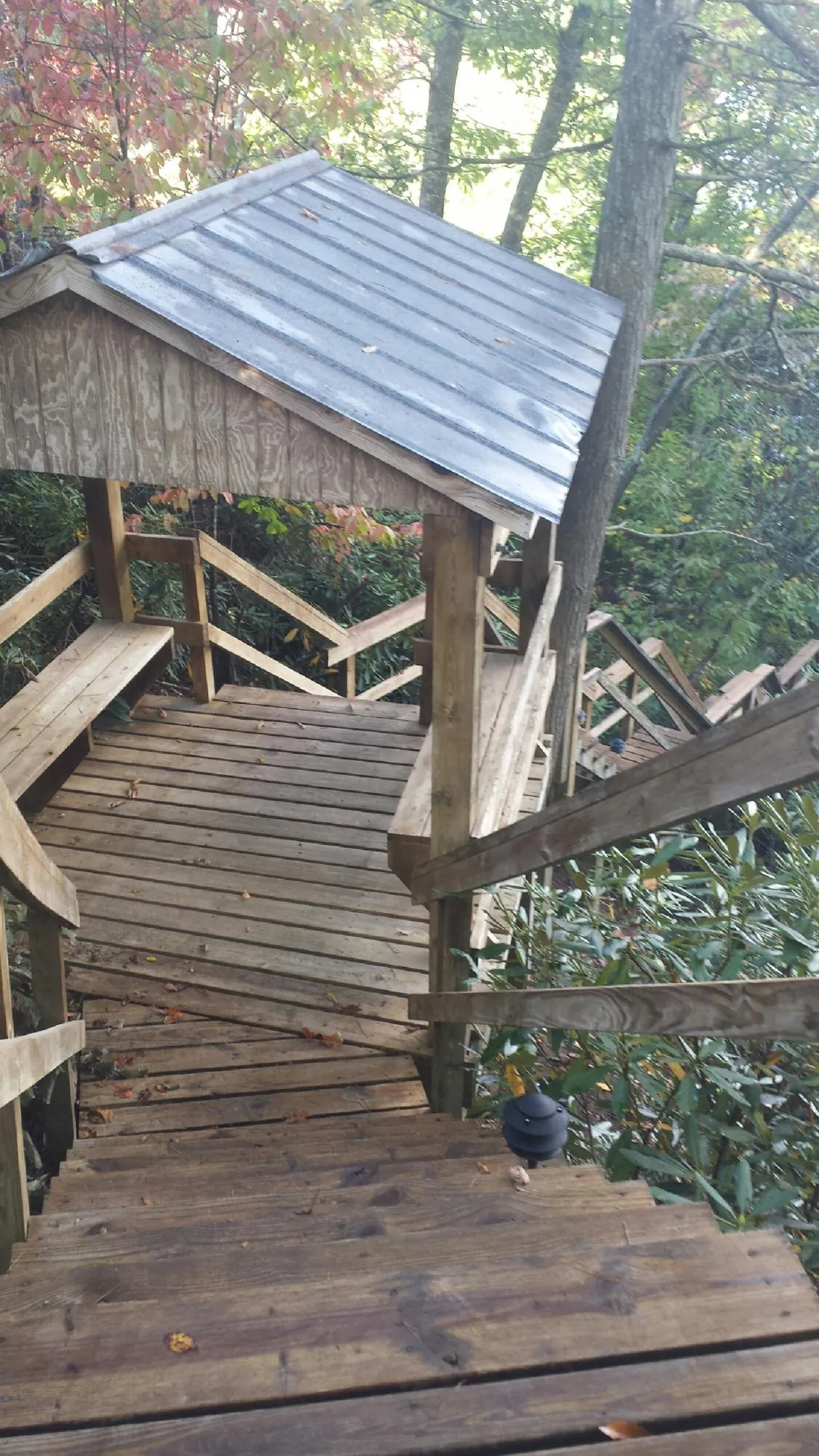 Metal roofed shelter over wooden steps on a wooded walkway — Skylight Repair & Installation work by our crew in Allen
